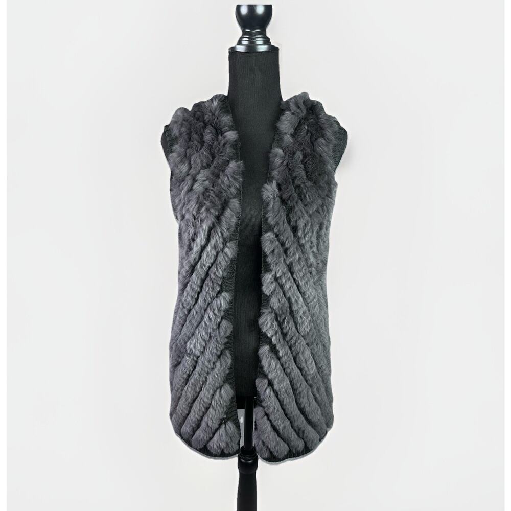 Ya Los Angeles 100% Rabbit Fur Knit Hooded Vest Sz S/M Gray Open Front Chic Glam